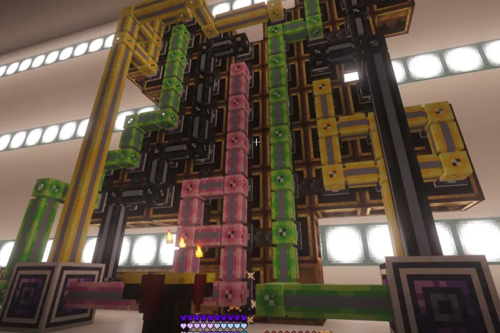 Color-coded logistics turn a machine wall into industrial art.