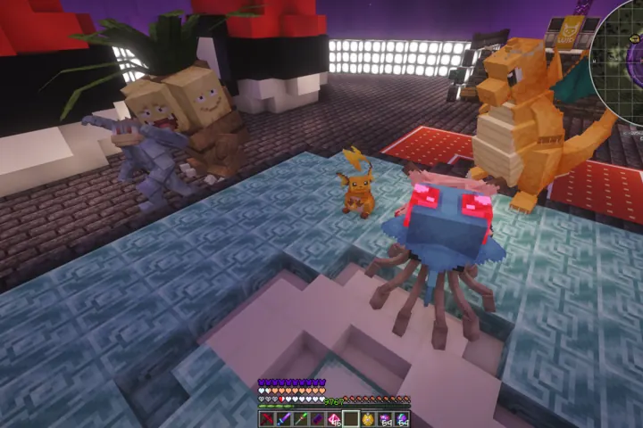 A lively gathering of Pokémon at home base.