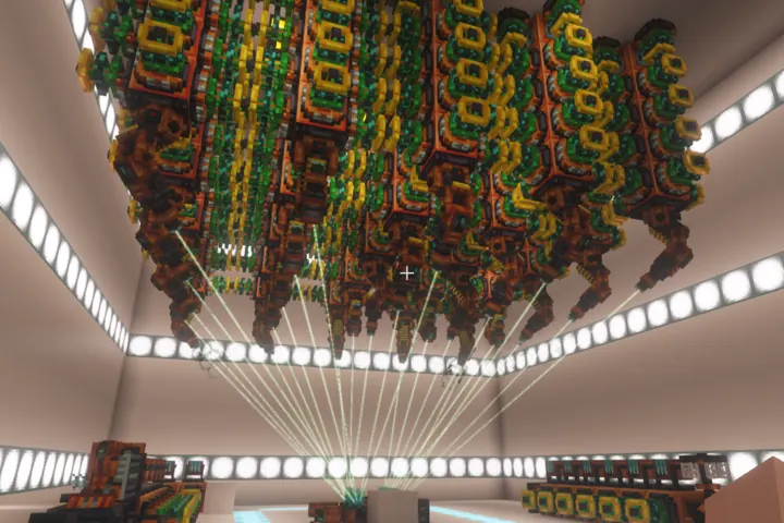 A towering automated farm makes use of every block.