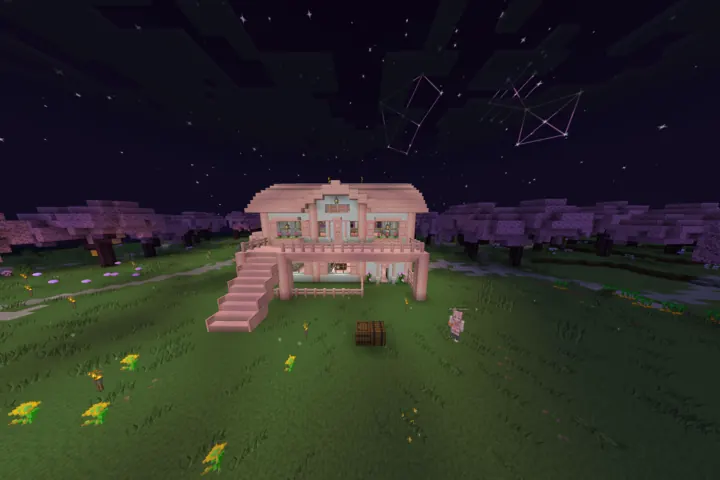 A pink estate glowing beneath the night sky.