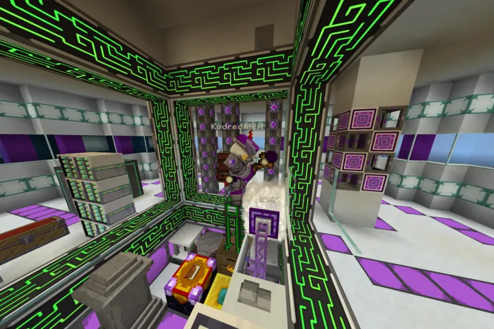 Neon conduits frame a densely engineered machine room.