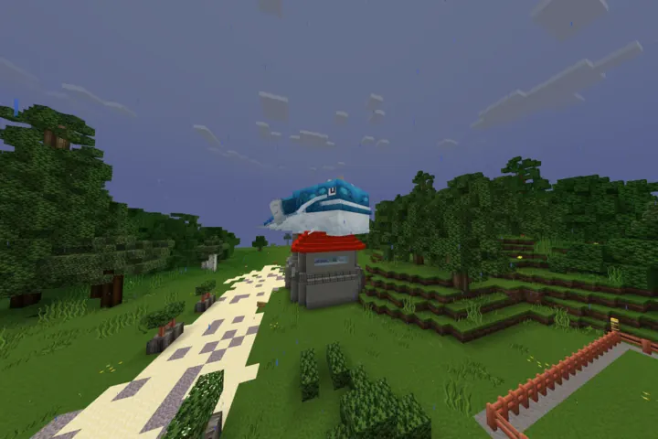 A woodland Cobblemon center welcomes passing trainers.