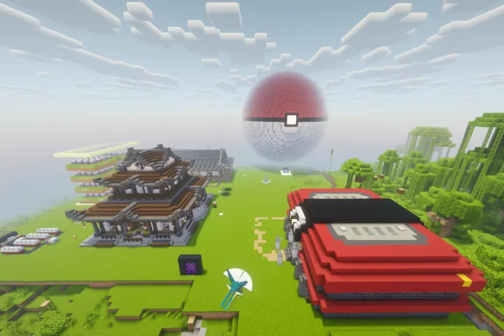A sprawling base crowned by a giant Poké Ball.