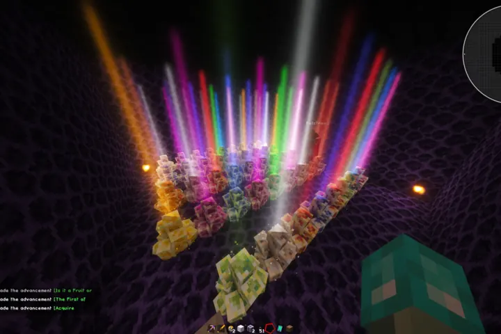Rainbow beacons turn the End into a wall of color.