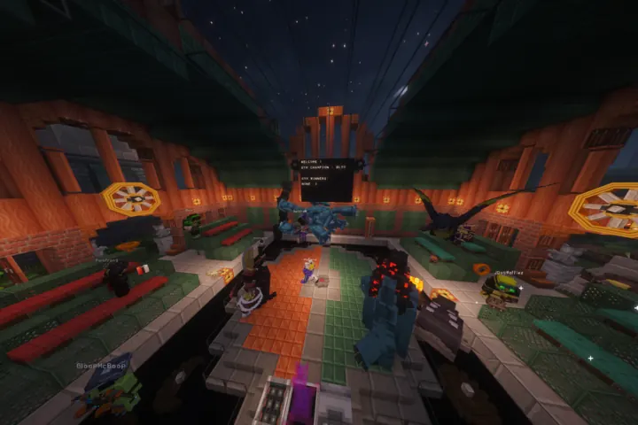 Trainers and Pokémon fill a warm, lantern-lit community arena.