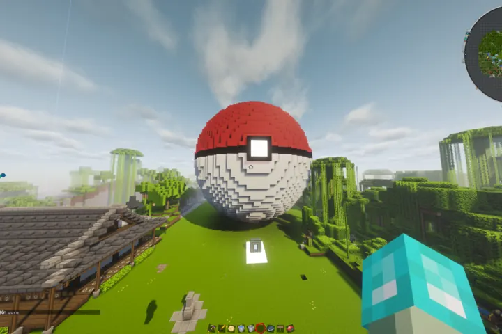 A giant Poké Ball rises above the jungle canopy.