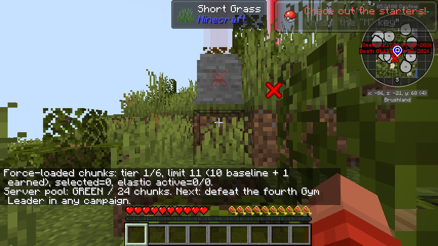 The AshRun chunks command showing tier 1 of 6, an 11-chunk limit, one earned slot, a healthy shared pool, and the next Gym milestone