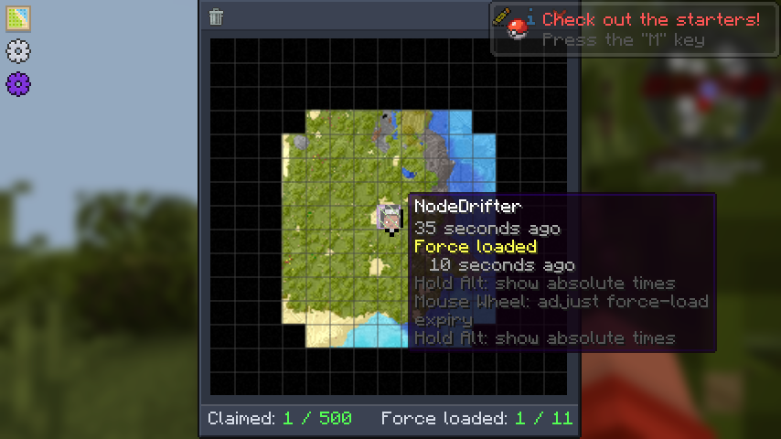 FTB Chunks Claim Manager with one claimed chunk marked as force-loaded and counters showing 1 of 500 claimed and 1 of 11 force-loaded